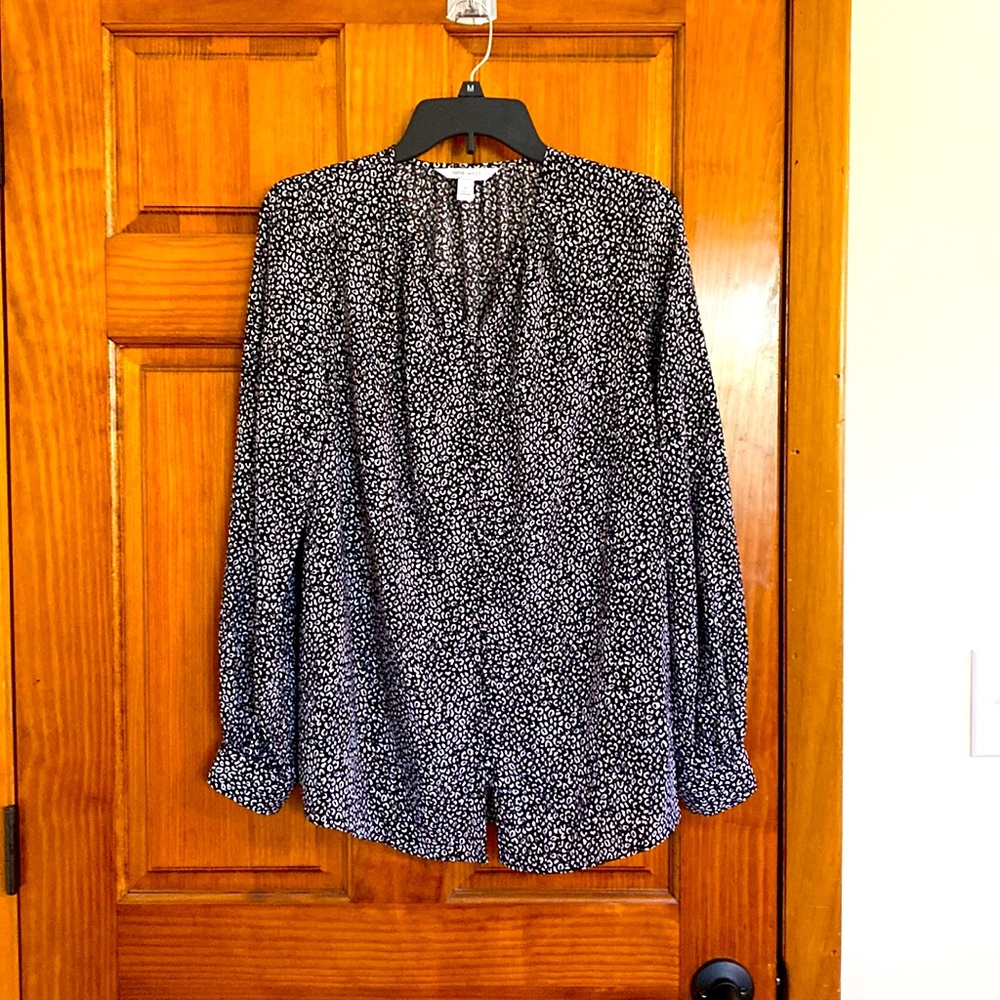 NWT Nine West Long Sleeve Dress Top, Size Medium, Black with White Design